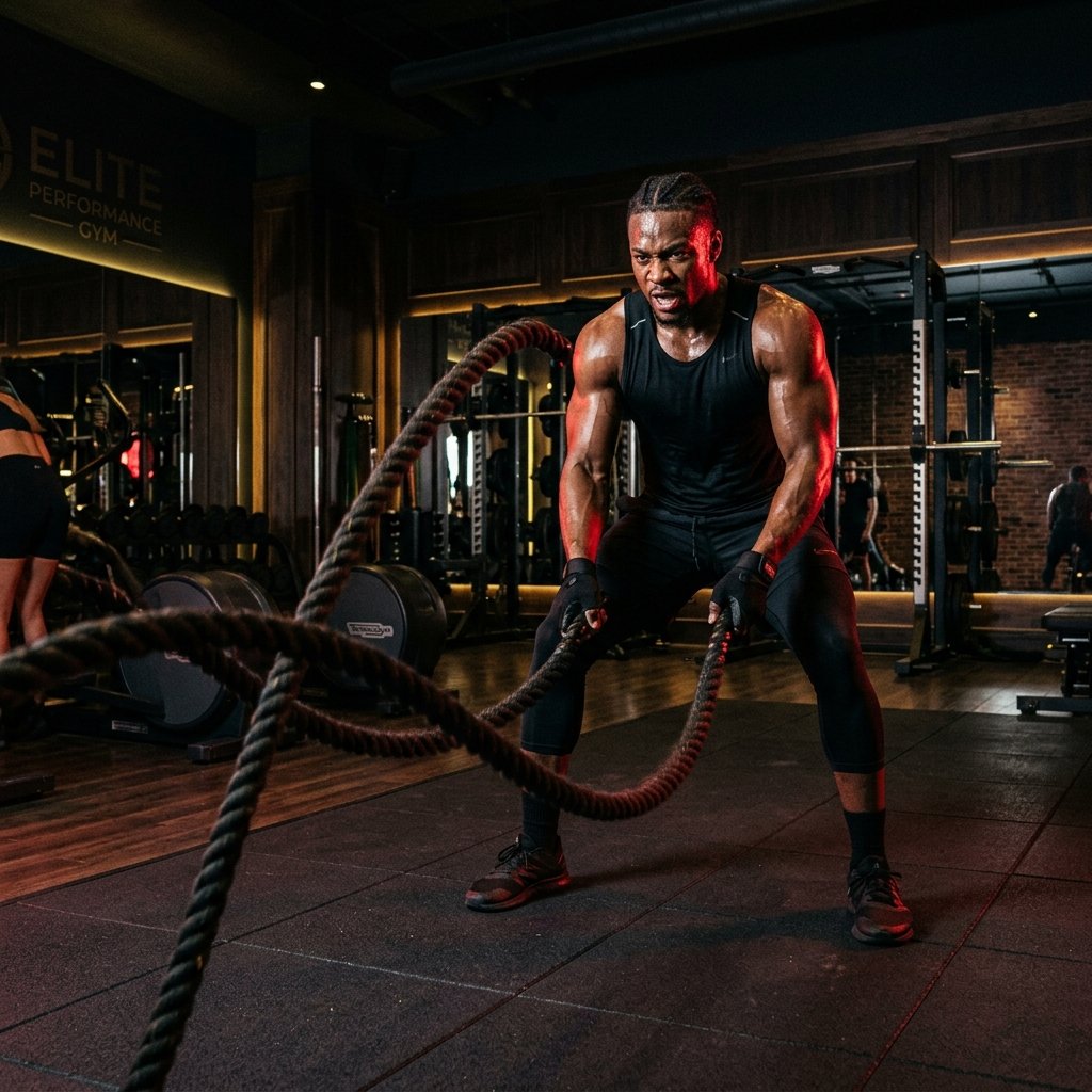 High-Energy Battle Ropes Training in Luxury Gym